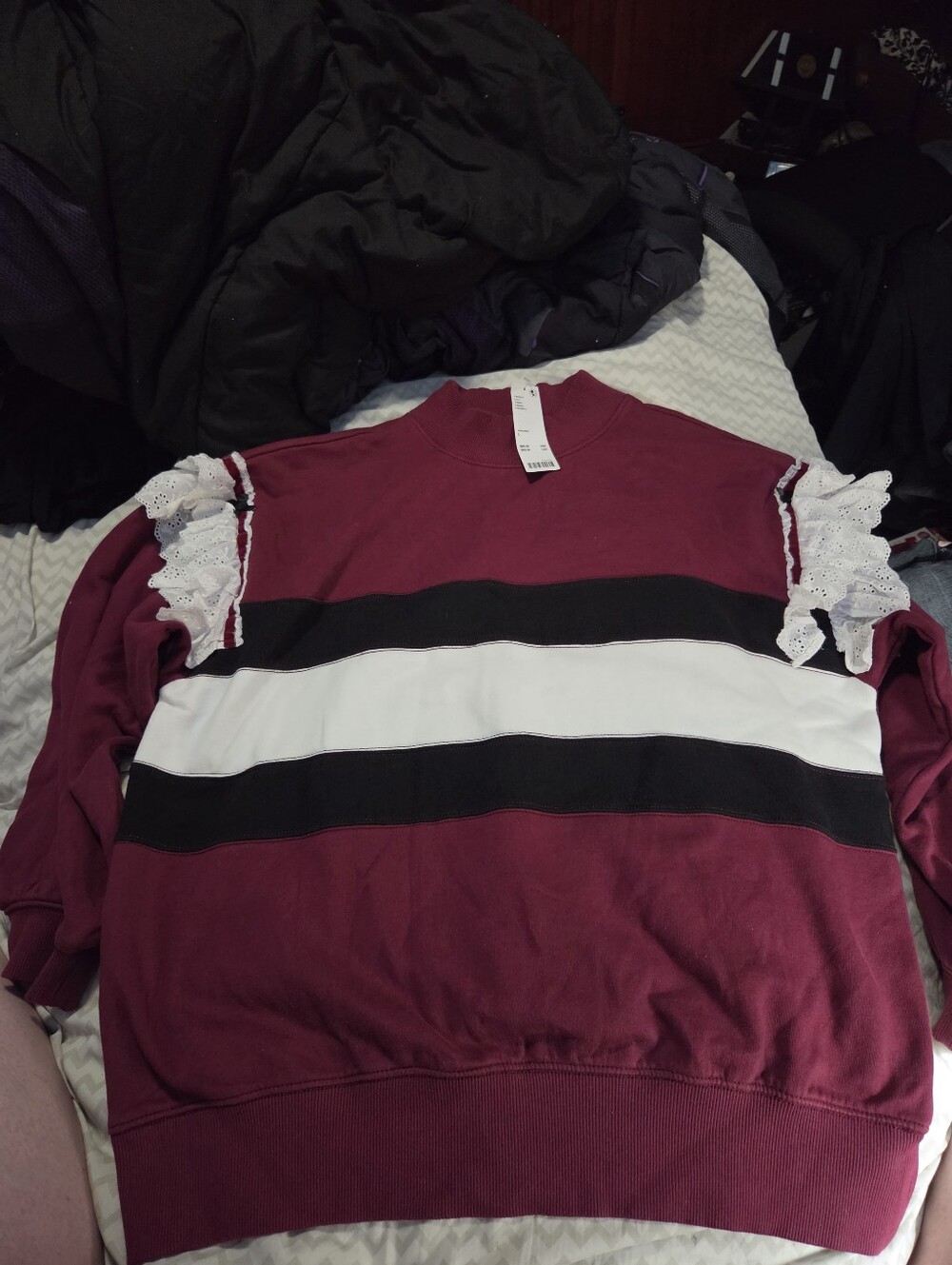 NWT BDG Urban Outfitters Emory Burgundy Ruffle Shoulder Striped Sweatshirt